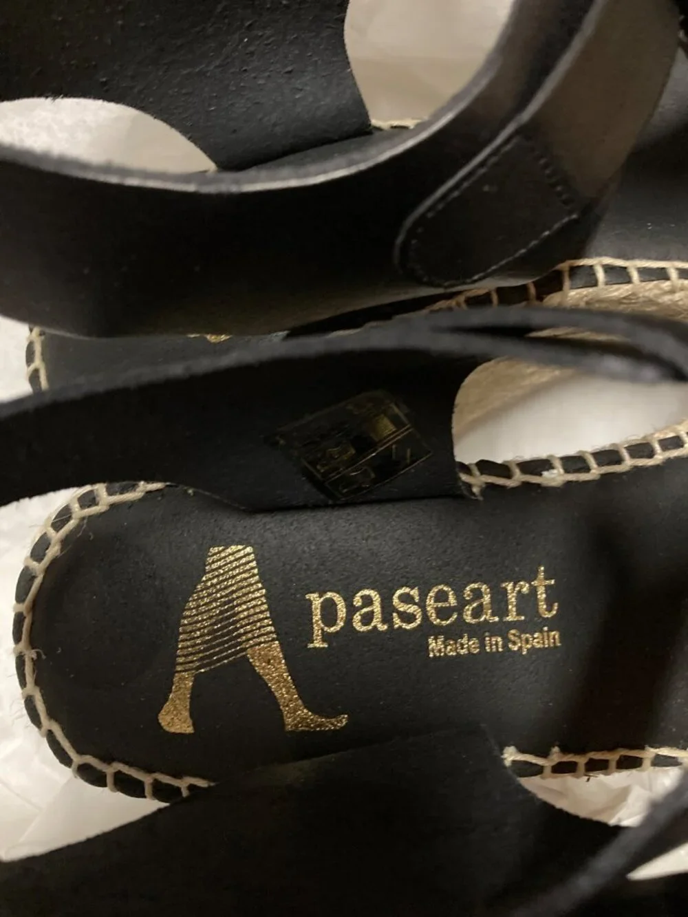 Paseart Espadrille Wedge Sandals Black Leather  Women's Size 6.5 US 37 EUR New